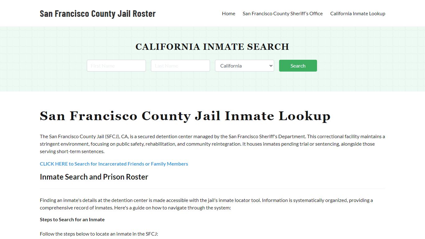 San Francisco County Jail Roster Lookup, CA, Inmate Search