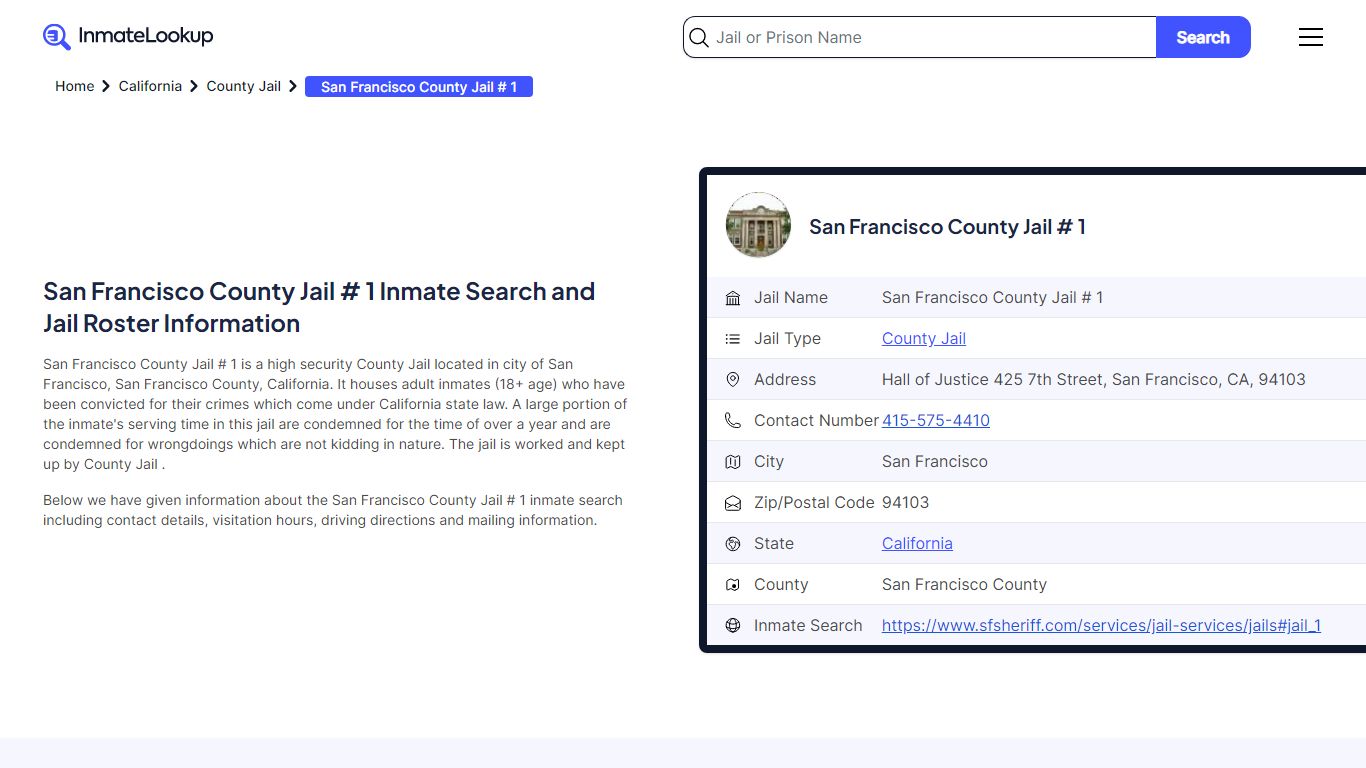 San Francisco County Jail # 1 (CA) Inmate Search California - Inmate Lookup